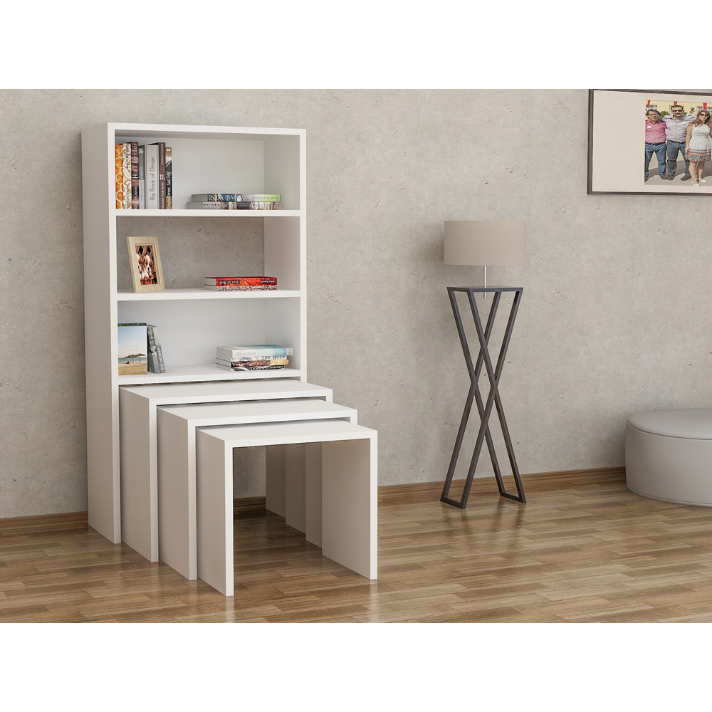Decorotika Modern Melo 3 Shelf White Bookcase with Nest of Tables Set of 3 Image 4