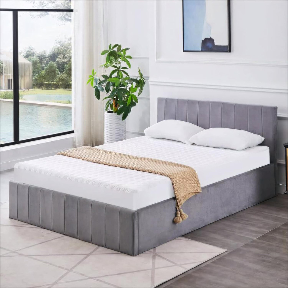 Portland Small Double Grey Line Pattern Velvet Ottoman Bed Image 1