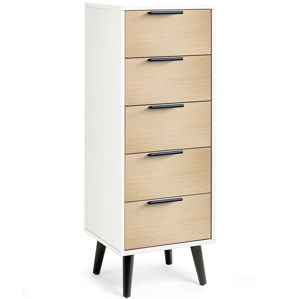 Julian Bowen Alba 5 Drawer Matt White and Oak Narrow Chest of Drawers Image 2