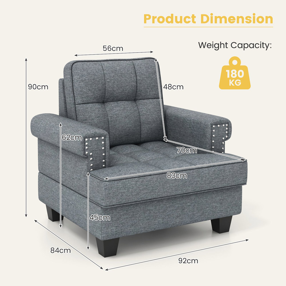 Costway Grey Mid Century Modern Tufted Linen Armchair with Pillow Image 9