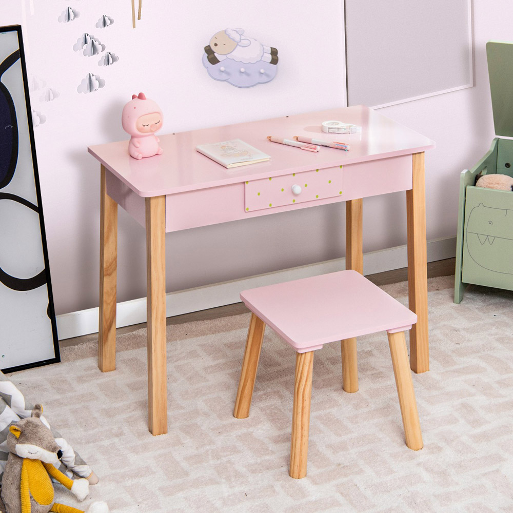 Costway Kids Single Drawer Pink Dressing Table and Stool Set with Mirror Image 3