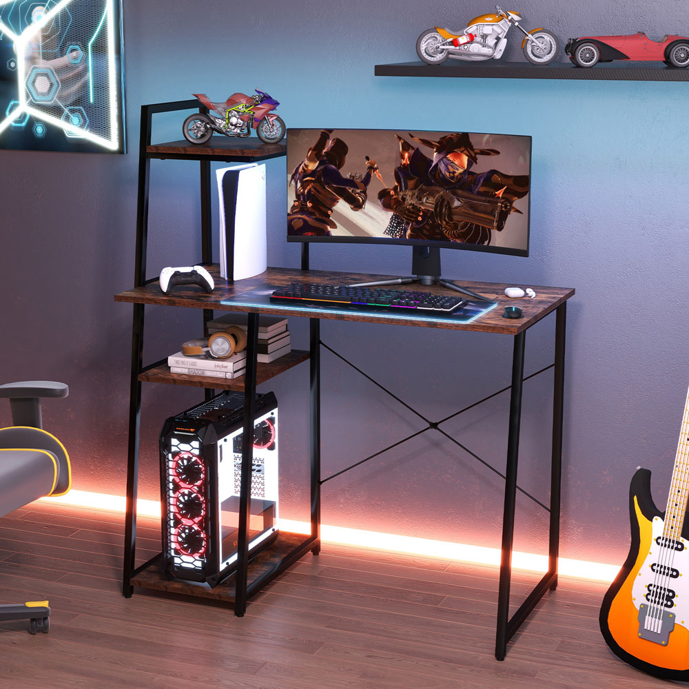 Costway Computer Desk with Bookshelf and Host Stand Brown Image 4