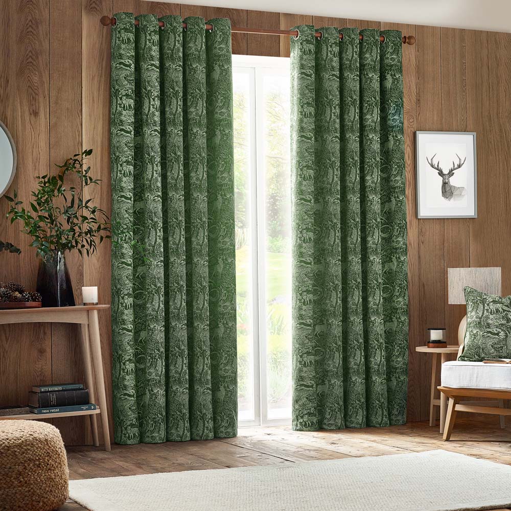 furn. Winter Woods Emerald Animal Chenille Eyelet Curtains 117 x 137cm Image 1