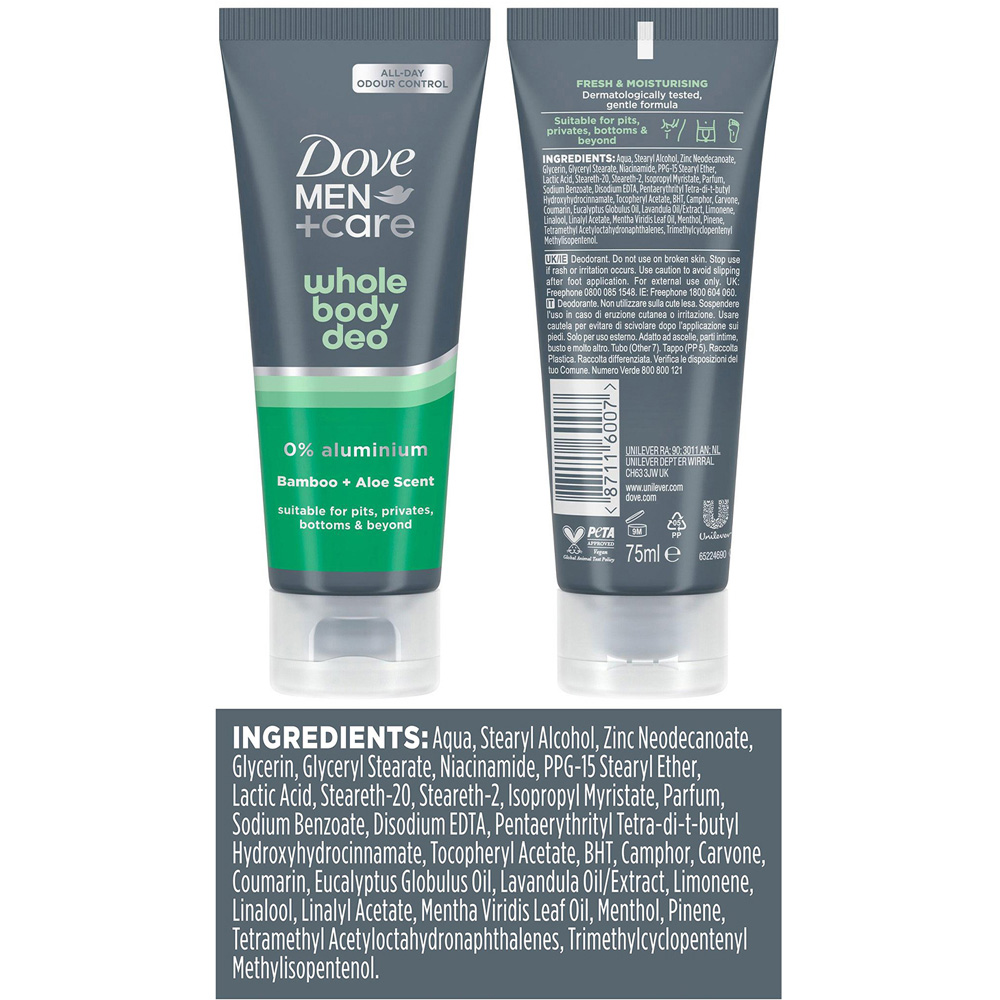 Dove Men+Care Whole Body Bamboo and Aloe Deodorant Odour Control Cream 75ml 6 Pack Image 7