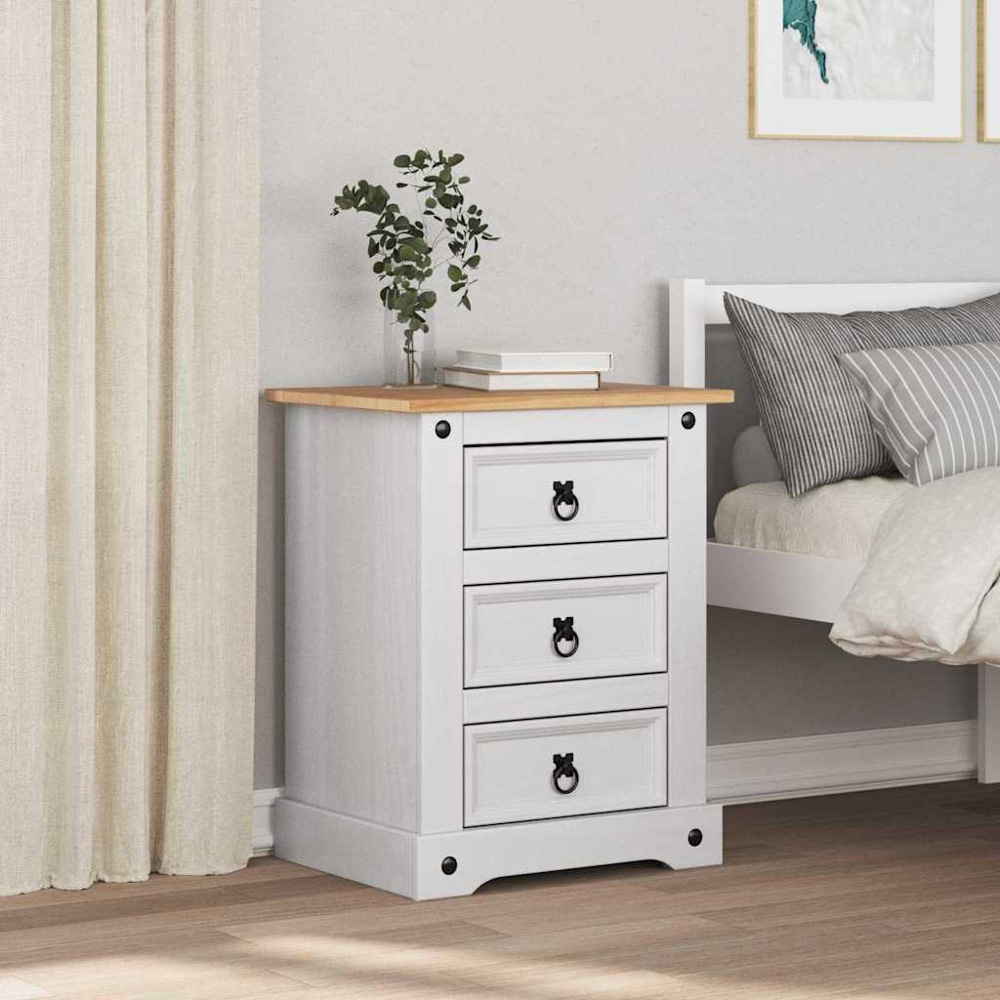 vidaXL Corona 3 Drawer White Solid Pine Wood Bedside Table Image 9