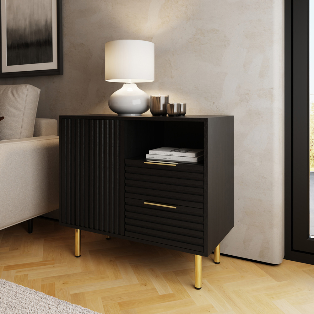 GFW Nervata Single Door 2 Drawer Single Shelf Black and Gold Ribbed Compact Sideboard Image 7