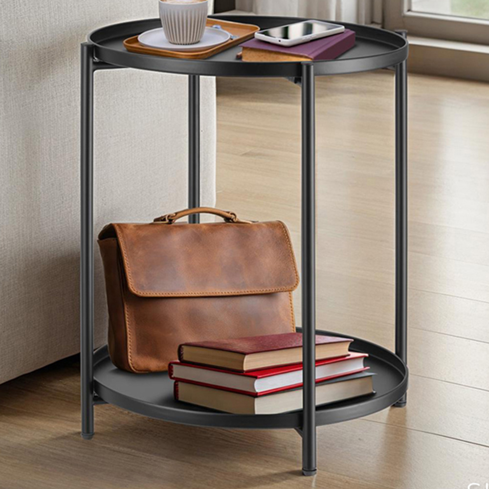 tectake Oxford 2 Shelf Black Round Bedside Table Image 1