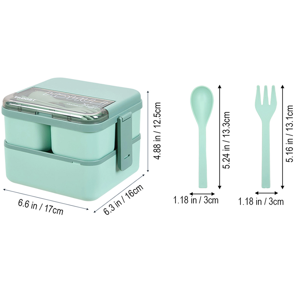 Living and Home 1.8L 2-Tier Green Lunch Box with Cutlery and 3 Top Compartments Image 8