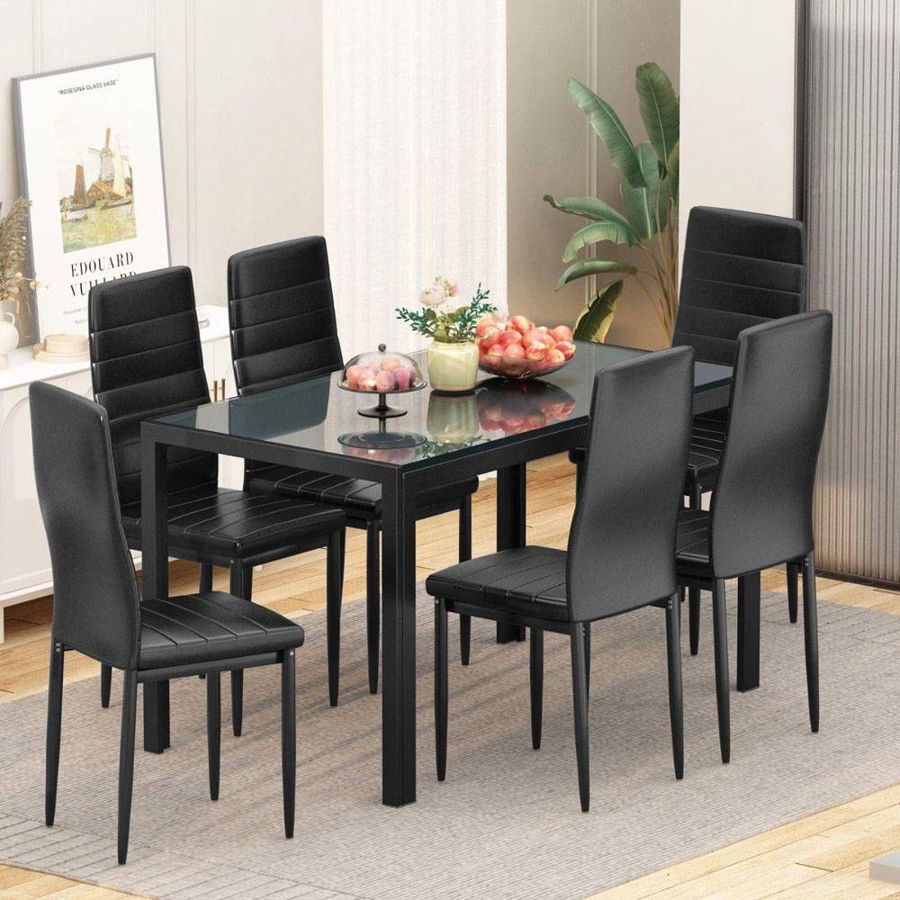 Kosy Koala 6 Seater Faux Leather Glass Dining Set Black Image 5