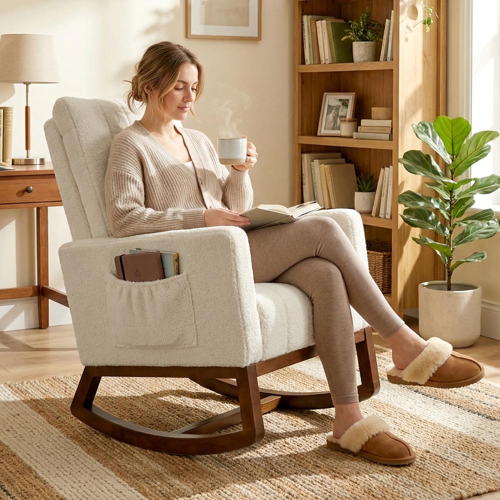 Portland Cream White Snow Flannel Rocking Chair with Lumbar Pillow Image 2