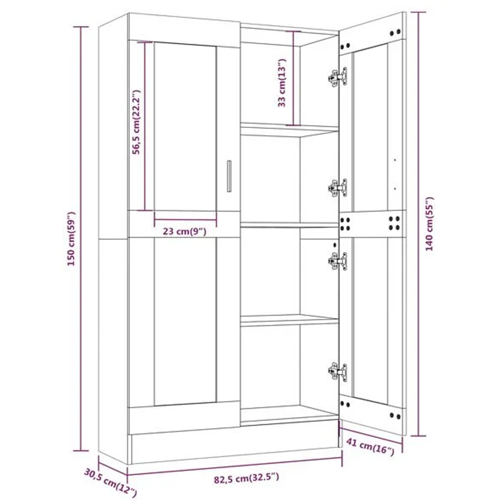 vidaXL 2 Glass Door Grey Sonoma Vitrine Cabinet Image 6