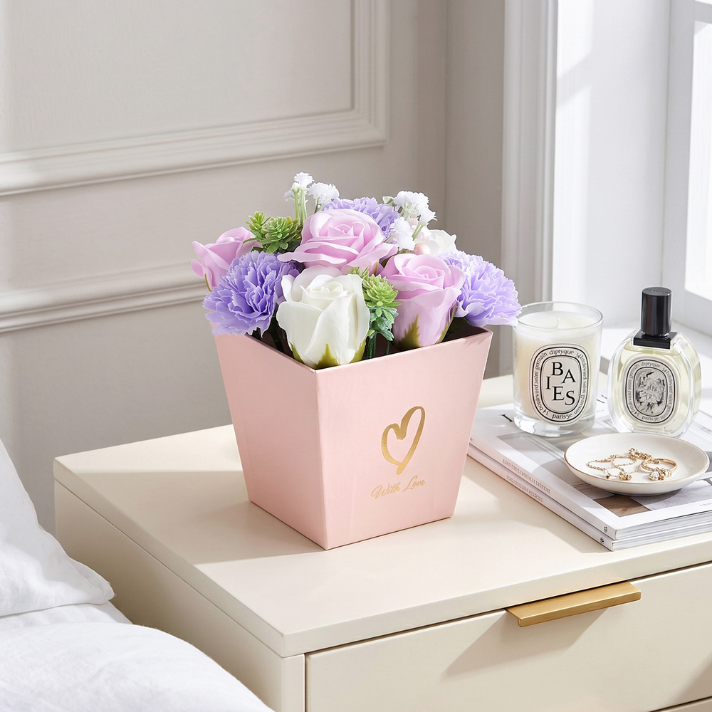Living and Home Purple Rose and Carnation Soap Flower Bouquet Gift Box Image 2