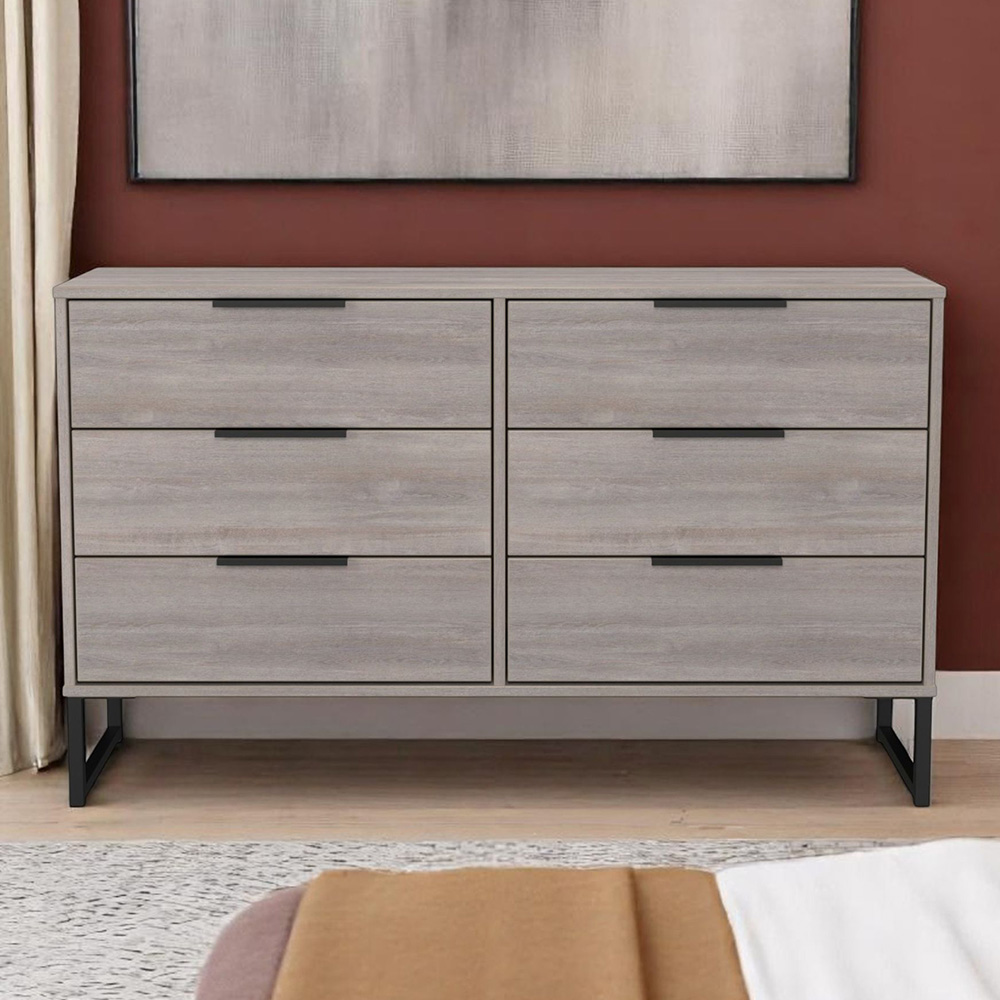 Crowndale Hong Kong 6 Drawer Grey Oak Wide Chest of Drawers Ready Assembled Image 1