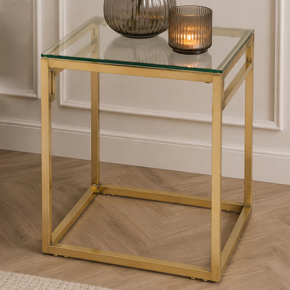 Premier Housewares Allure Gold Brushed Side Table with Tempered Glass Top Image 1