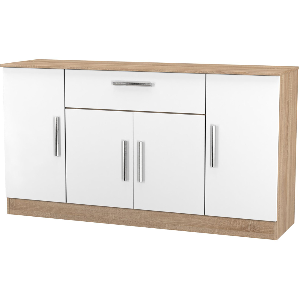 Crowndale Contrast 4 Door Single Drawer White Matt and Bardolino Oak Wide Sideboard Ready Assembled Image 3
