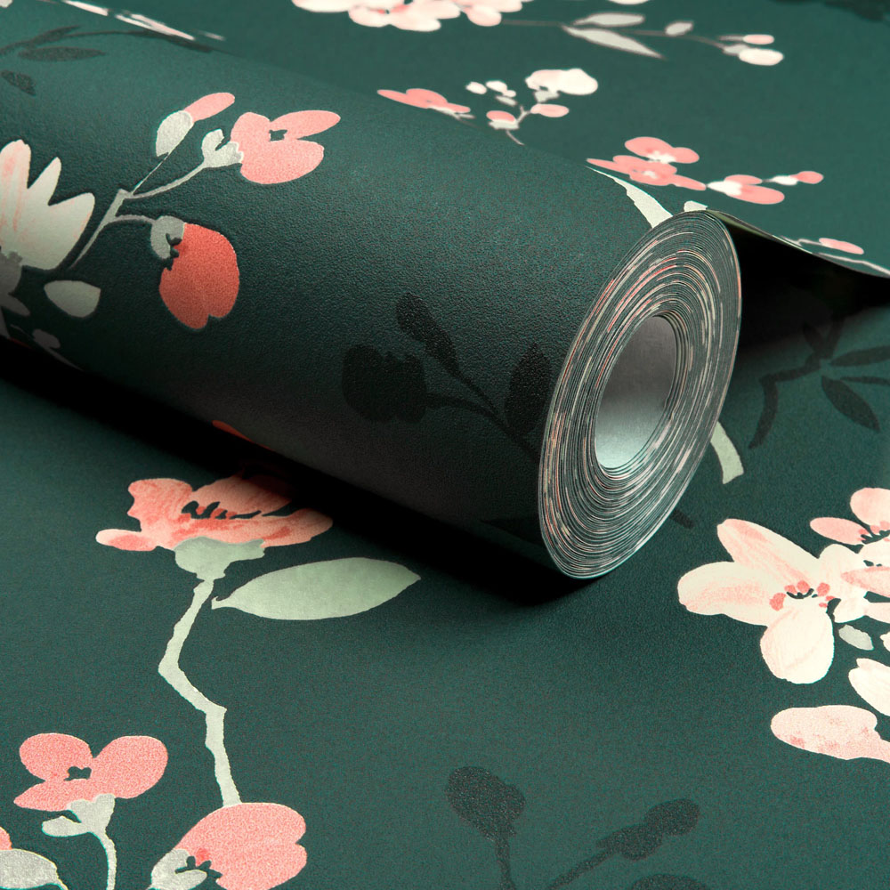 Grandeco Jasmin Floral Cherry Blossom Trail Green Vinyl Wallpaper Image 2