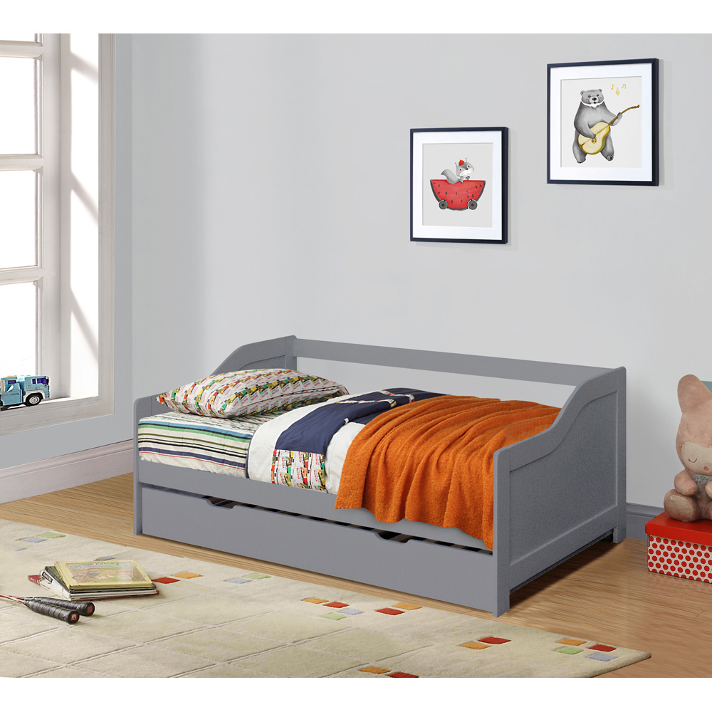 Comfy Living Single Grey Wooden Bed with Trundle Image 4