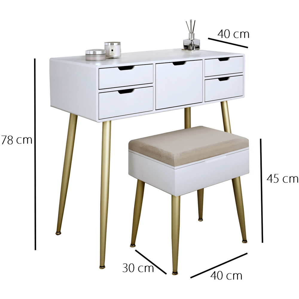 CARME Home Gabriella White and Gold Dressing Table with Velvet Padded Stool Image 8