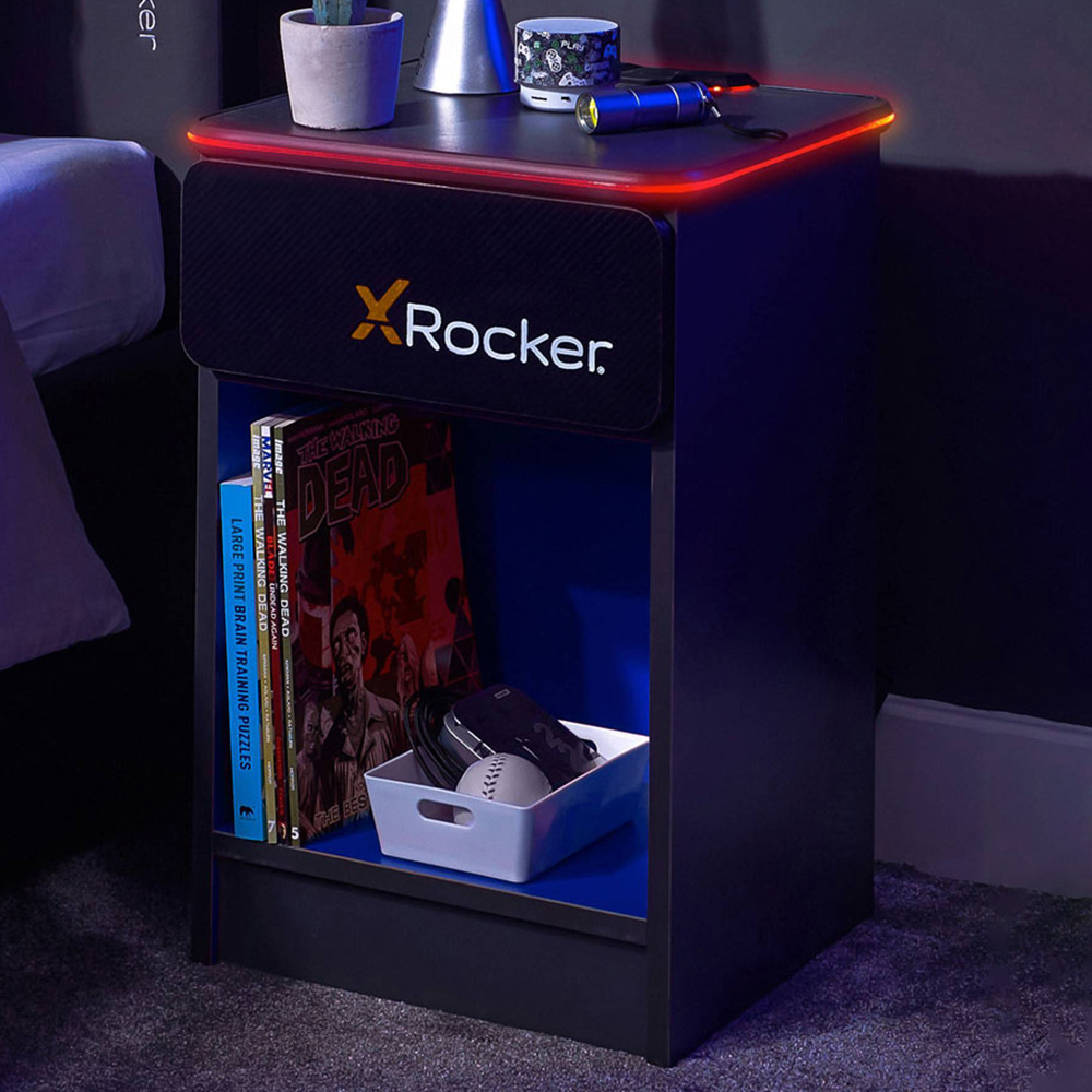 X Rocker Carbon-Tek Single Drawer Single Shelf Grey and Blue LED Bedside Table with Charging Image 1