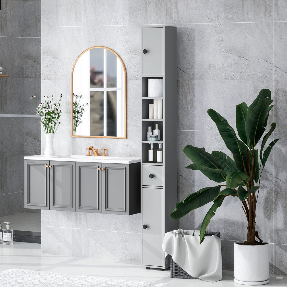 Kleankin 2 Door 4 Shelf Single Drawer Grey Slim Bathroom Storage Cabinet Image 7