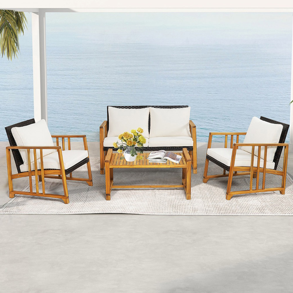 Costway 4 Seater Brown Outdoor Rattan Set with Cushion Image 1