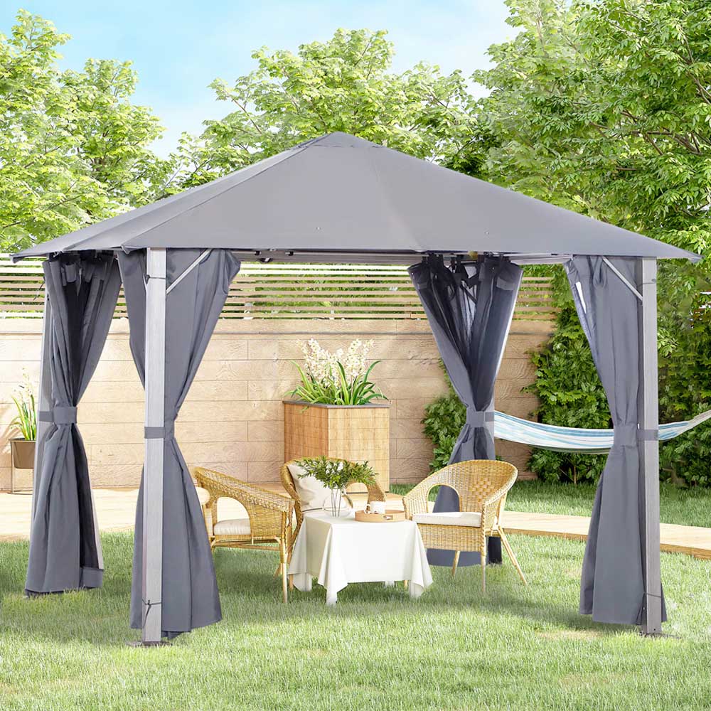 Outsunny 2.96 x 2.96m Wood Effect Metal Frame Gazebo with Mesh Netting