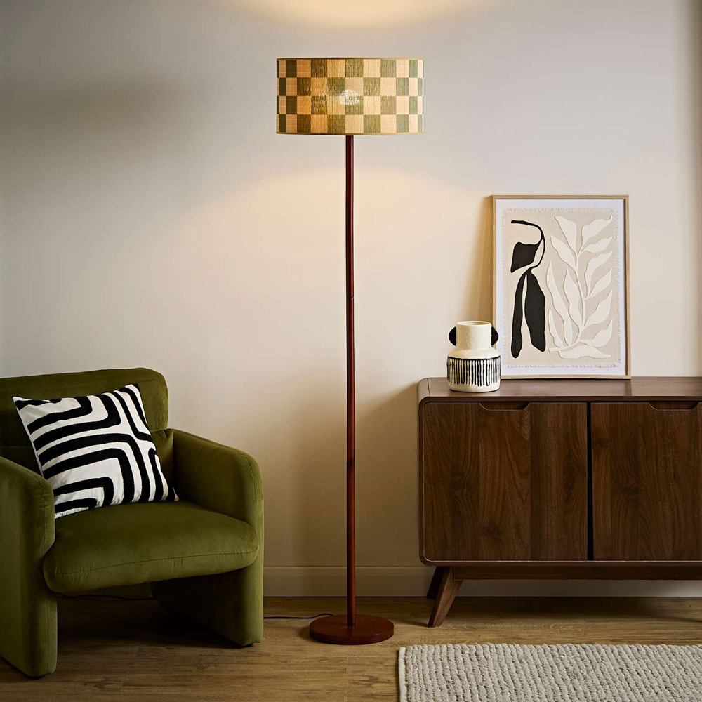 ValueLights Heather Green Check Bamboo Drum Shade Dark Wood Stem Floor Lamp with Bulb Image 6