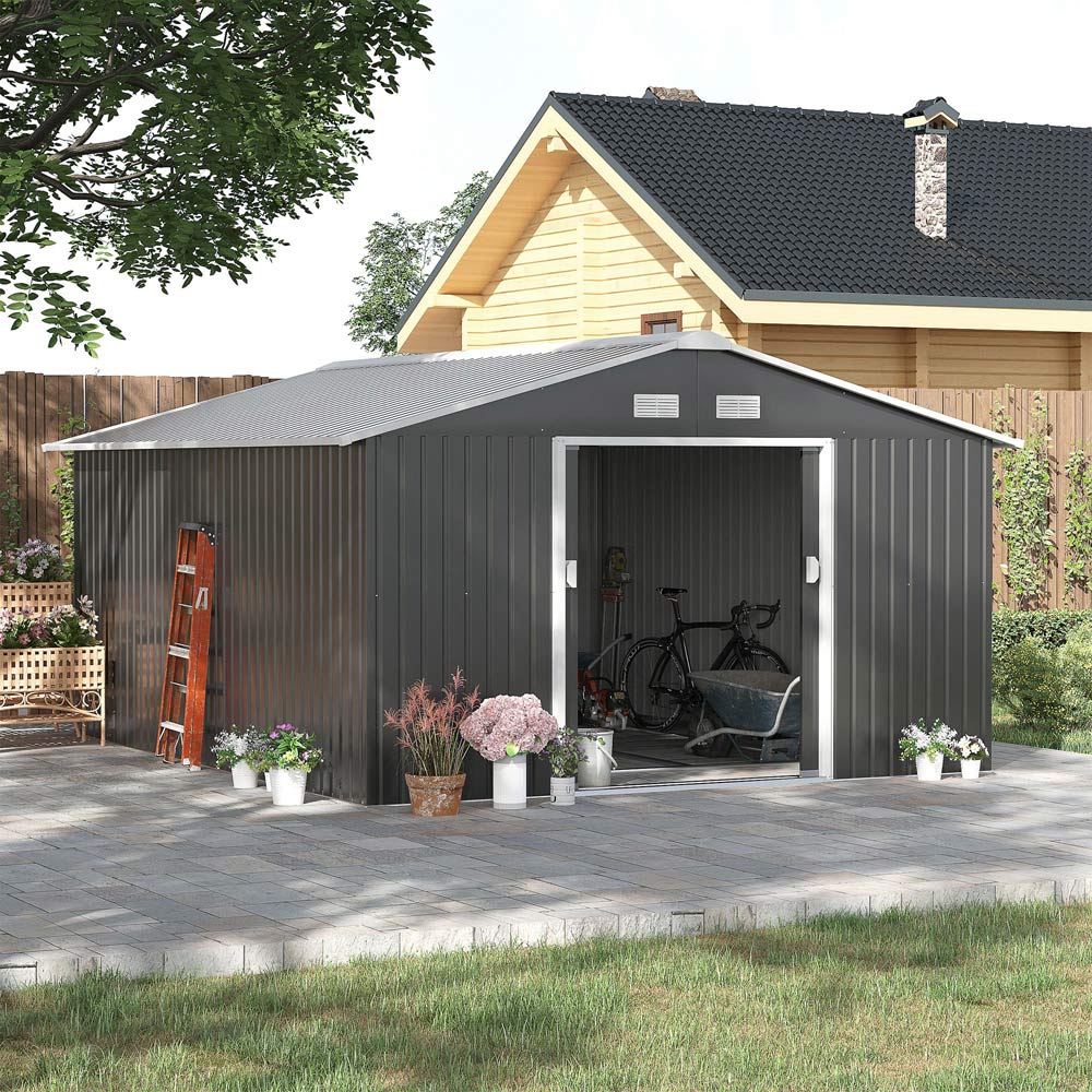 Outsunny 13 x 11ft Apex Roof Double Sliding Door Metal Shed Image 2