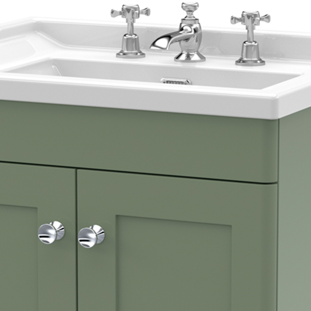 nuie Classique 2 Door Satin Green Floor Standing Unit and 3 Tap Hole Fireclay Basin 600mm Image 2