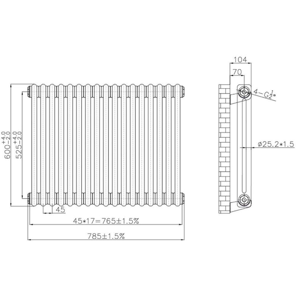 Go Bathrooms Traditional Antique Brass 2 Column Radiator 600 x 785mm Image 3