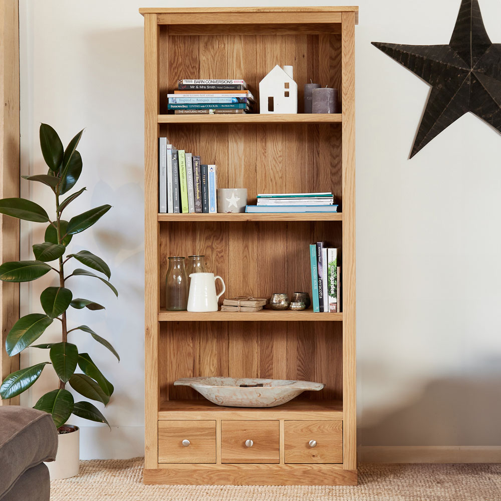 Baumhaus Mobel 4 Shelf 3 Drawer Oak Large Bookcase Image 1
