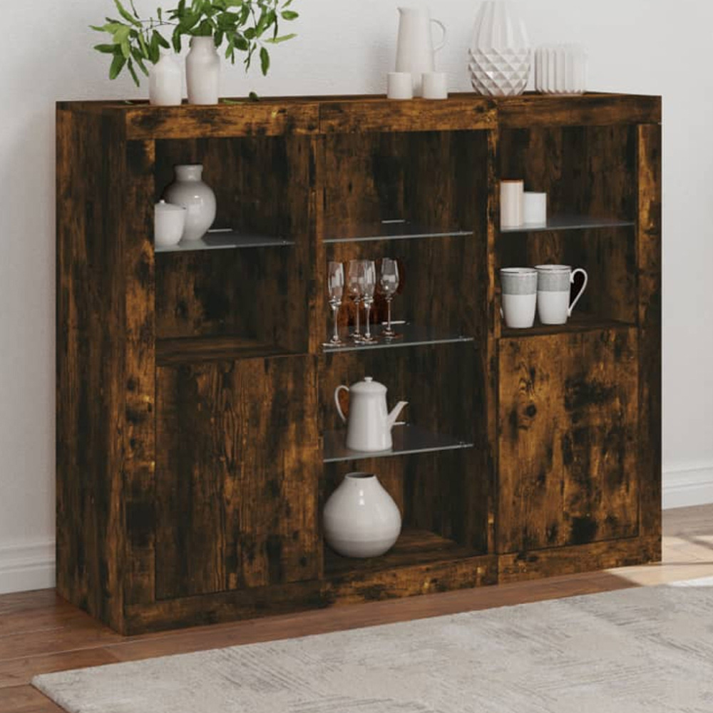 vidaXL 2 Door 8 Shelf Smoked Oak Sideboard with RGB LED Lights Image 1