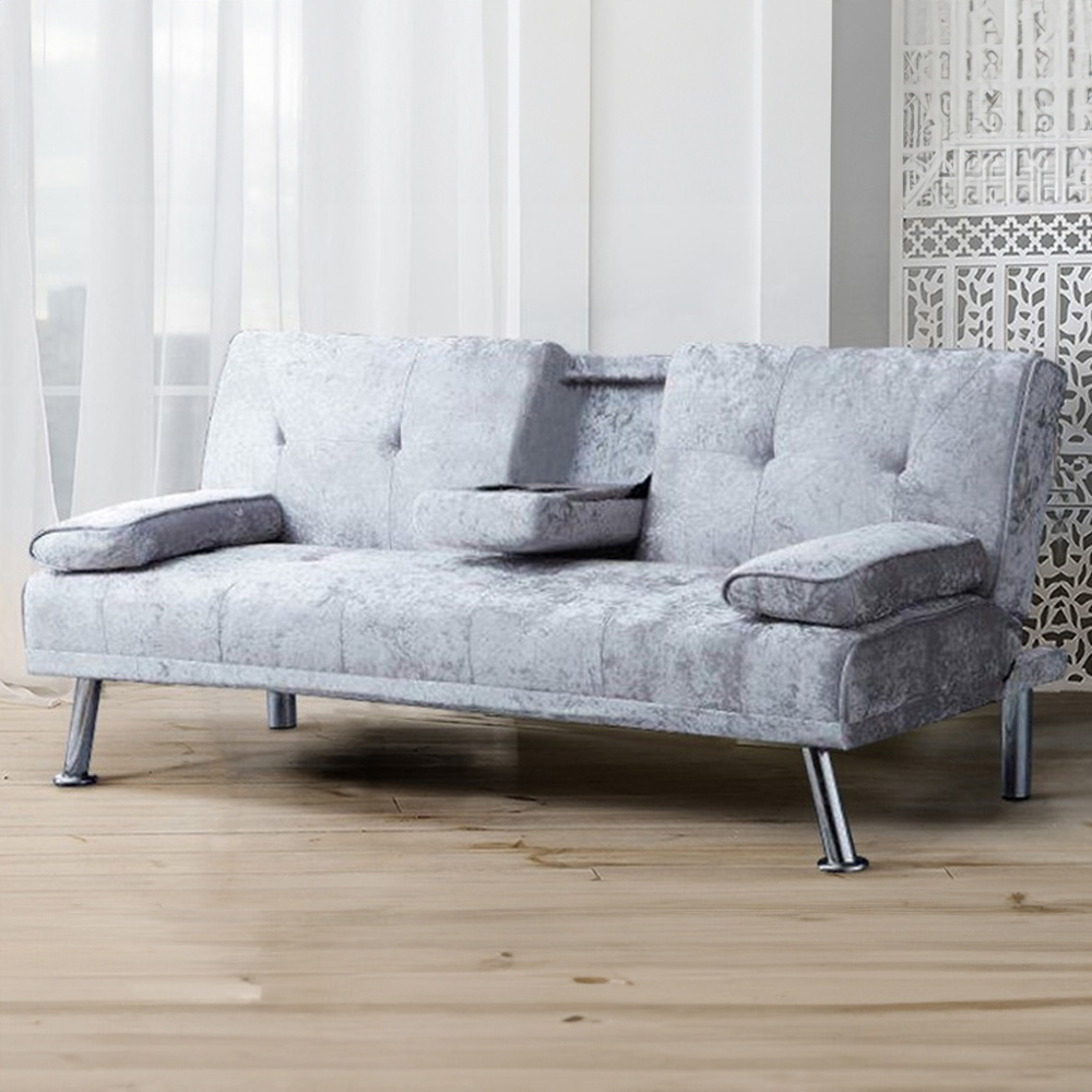 Brooklyn 2 Seater Silver Crushed Velvet Italian Sofa Bed with Cup Holder Image 1
