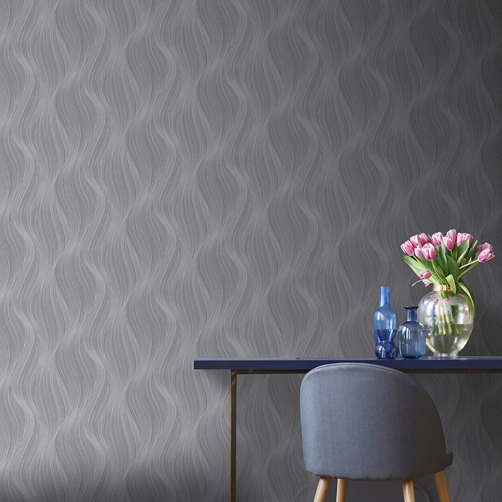Muriva Orla Wave Slate Wallpaper Image 4