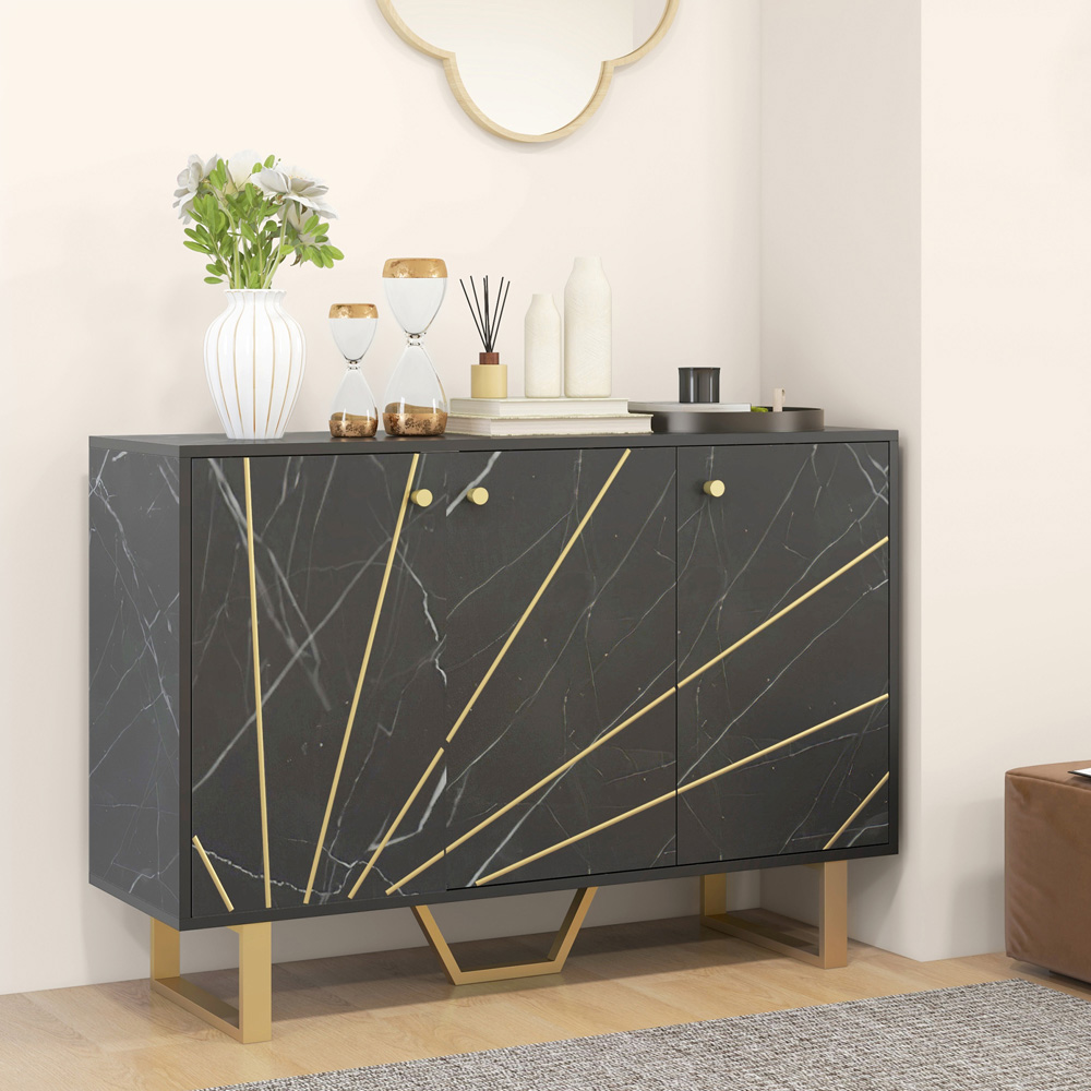 Portland 3 Door Black and Gold Tone Marble Texture Sideboard Image 4