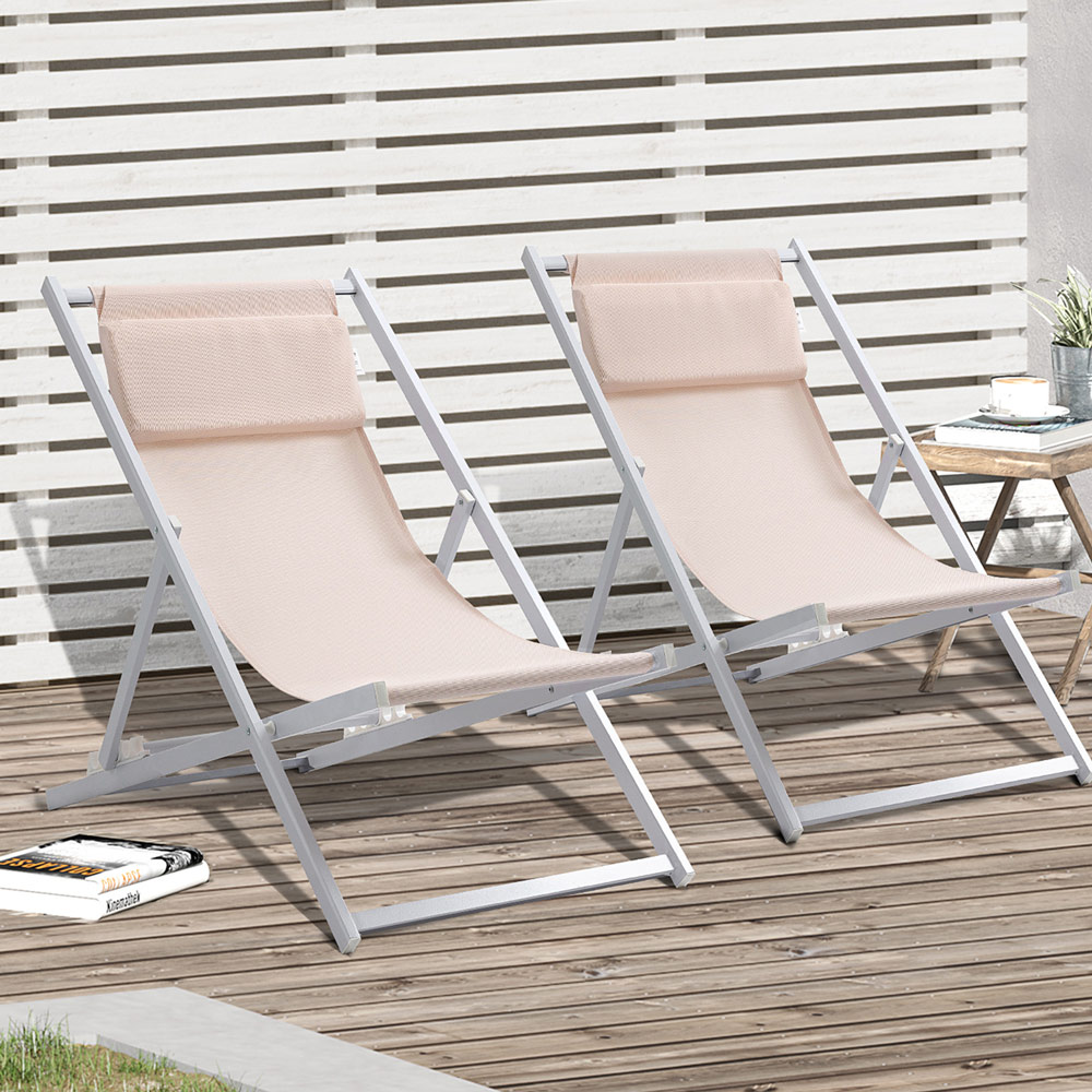 Outsunny Set of 2 White Folding Deck Chairs Image 1
