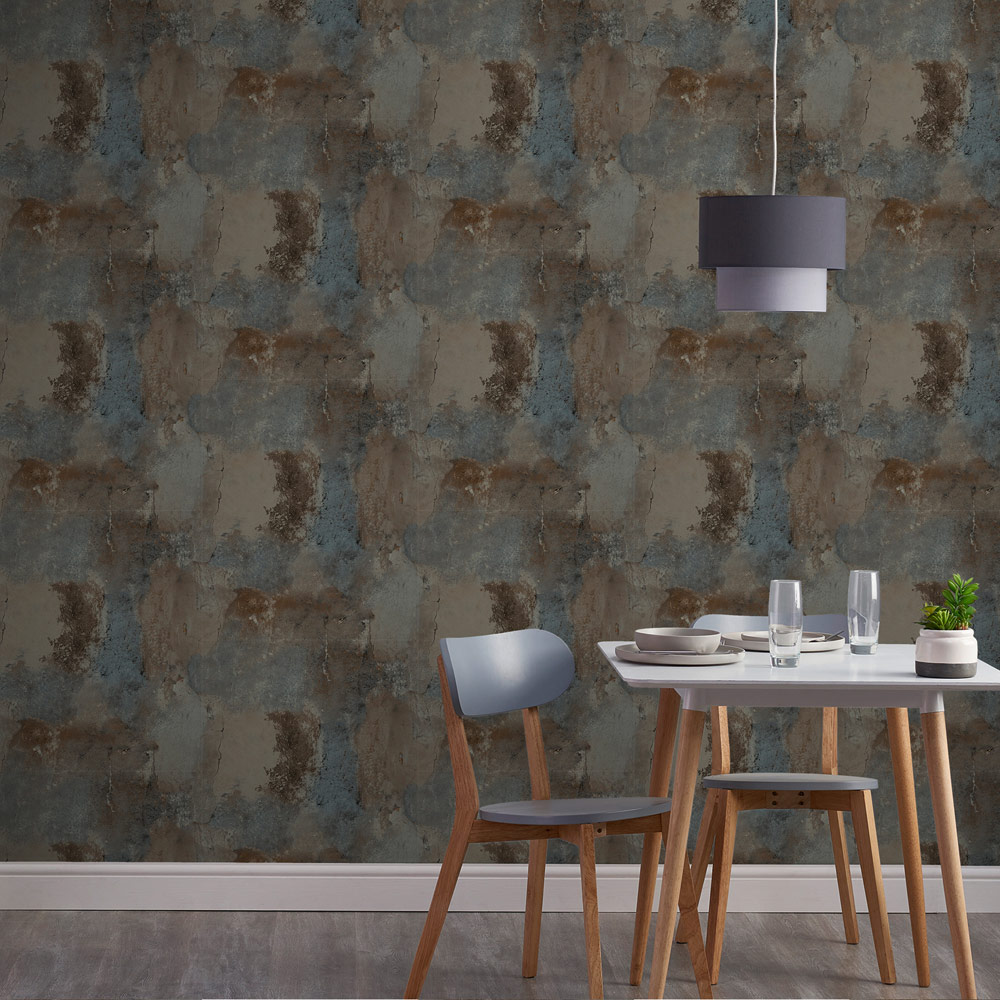Grandeco Brandenburg Rustic Industrial Concrete Textured Brown and Teal Wallpaper Image 3