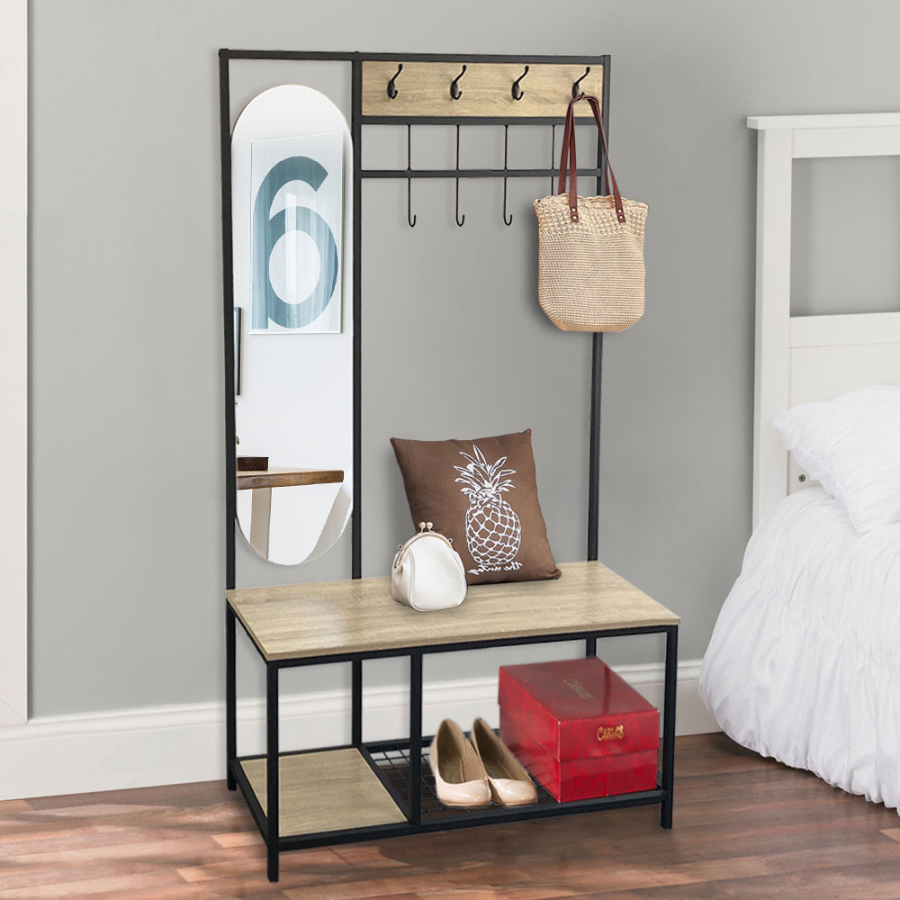 Living and Home Coat Rack with Shoe Bench and Mirror Image 2