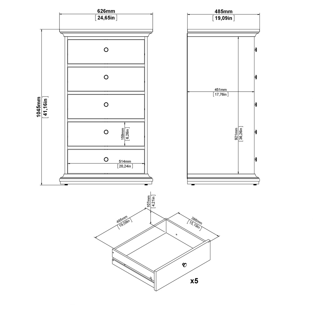 Florence Paris 5 Drawer White Storage Chest Wilko