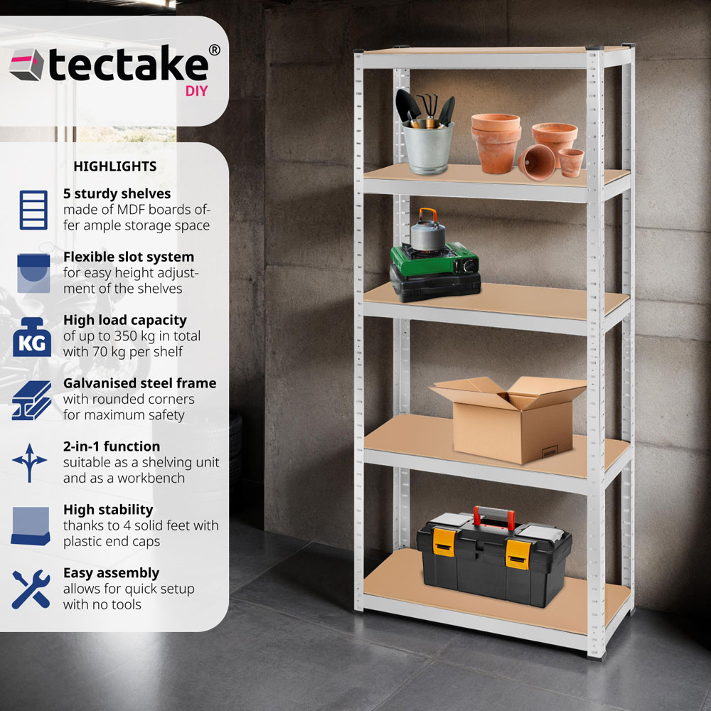 tectake 5 Shelf Silver Galvanised Steel Garage Shelving Unit 180 x 75 x 30cm Image 3