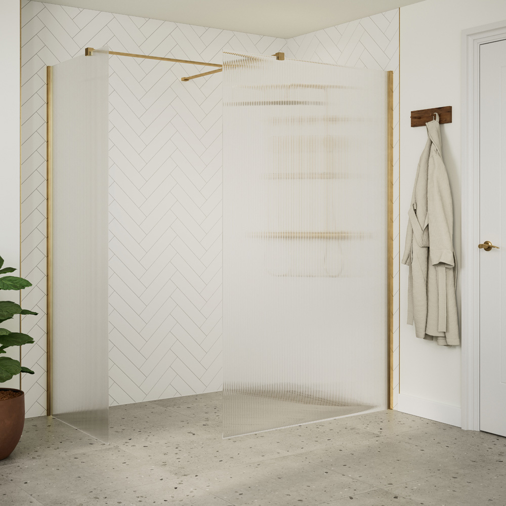 Bathstore Nero Fluted Glass Wetroom Shower Panel with Brushed Brass Profile and Side Arm 800mm Image 2