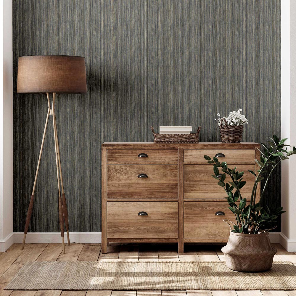 Arthouse Japandi Grasscloth Charcoal Grey and Gold Wallpaper Image 4