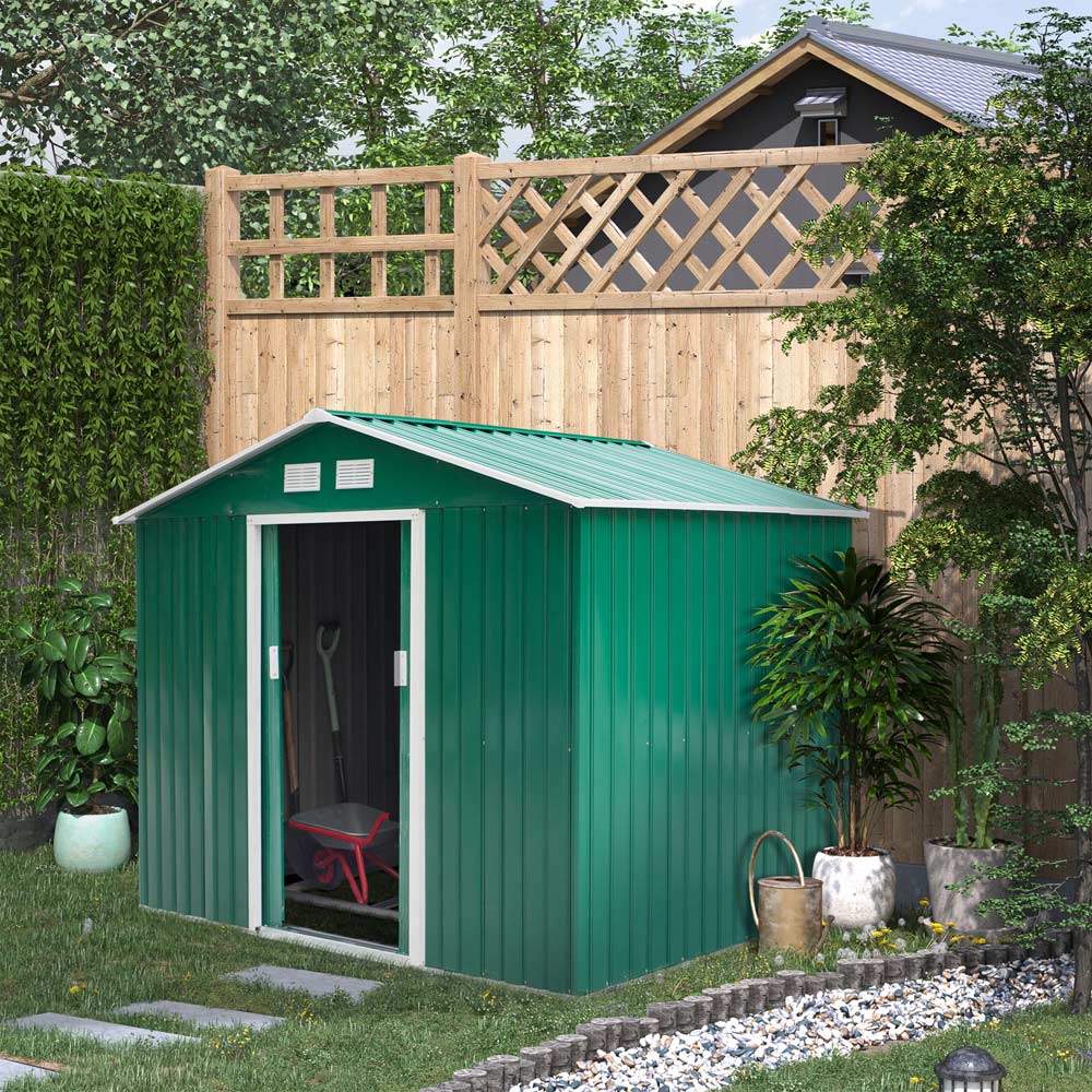 Outsunny 9 x 6.4ft Apex Double Sliding Door Metal Garden Shed Image 2