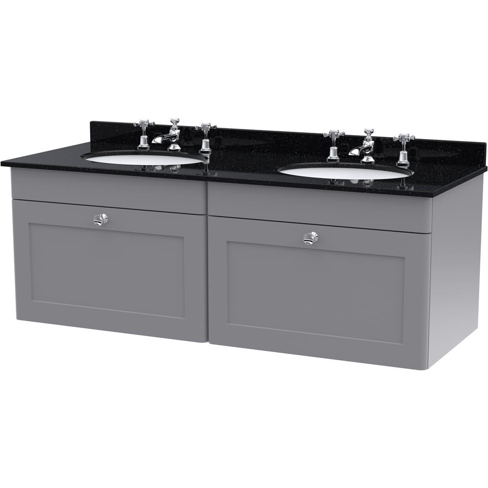 nuie Classique 2 Drawer Satin Grey and Black Wall Hung Unit and 3 Tap Hole Marble Basin 1200mm Image 1