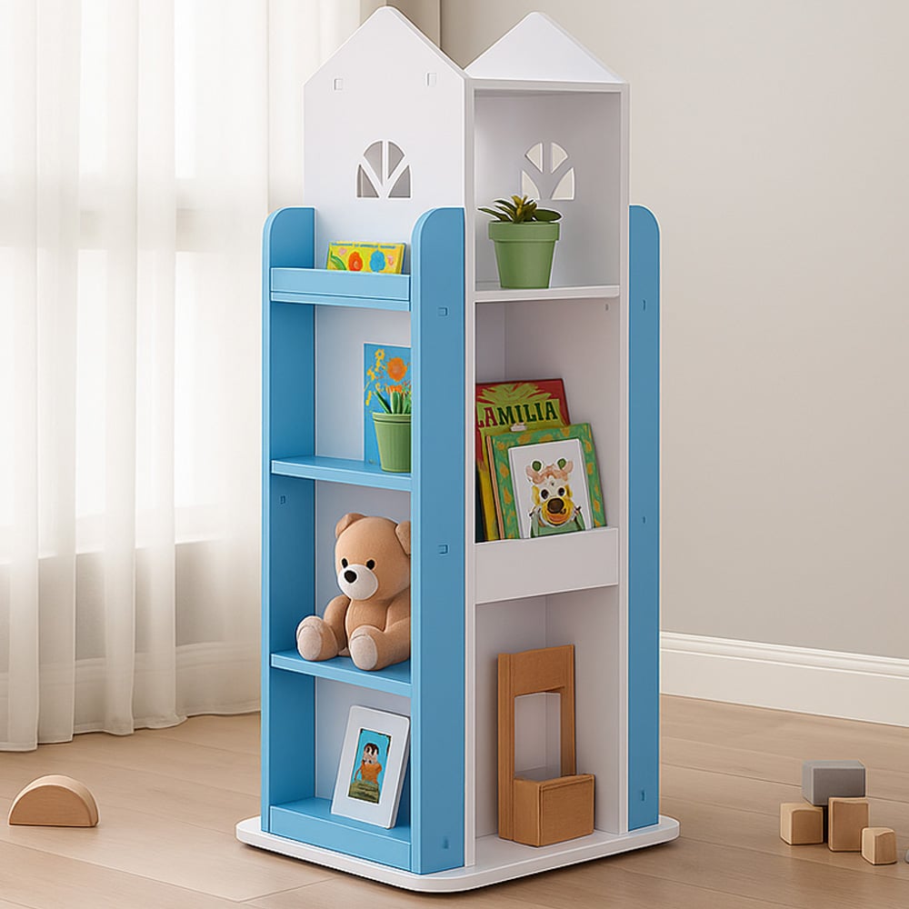 Living and Home 4 Tier Blue and White Castle Style Kids Rotatable Open Bookcase Image 1