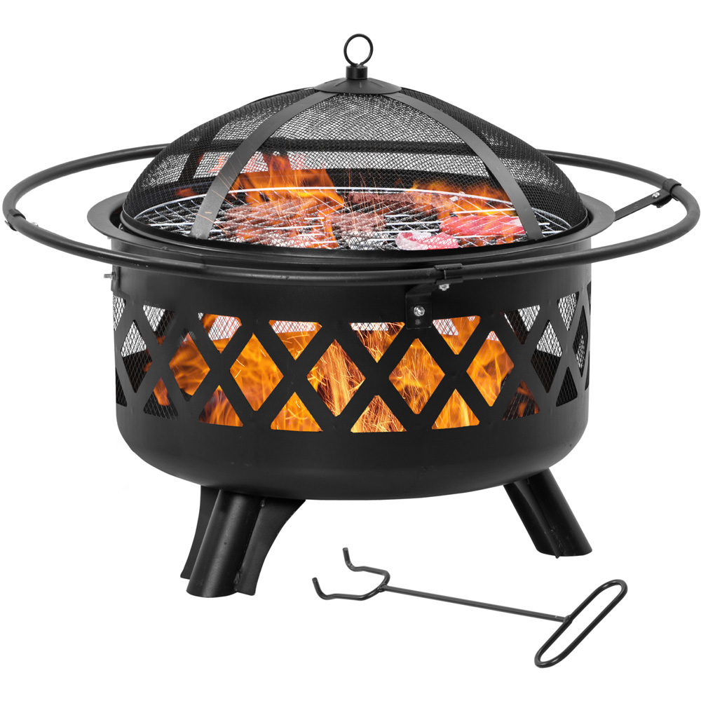 Outsunny Painted Steel Fire Pit BBQ with 3 Feet, Poker and Mesh Lid Image 1