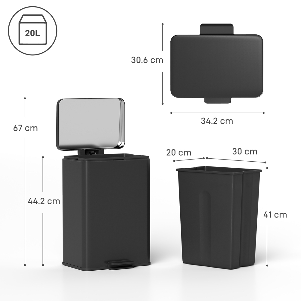 HOMCOM Matt Black Kitchen Pedal Bin with Soft-Close Lid 20L Image 9
