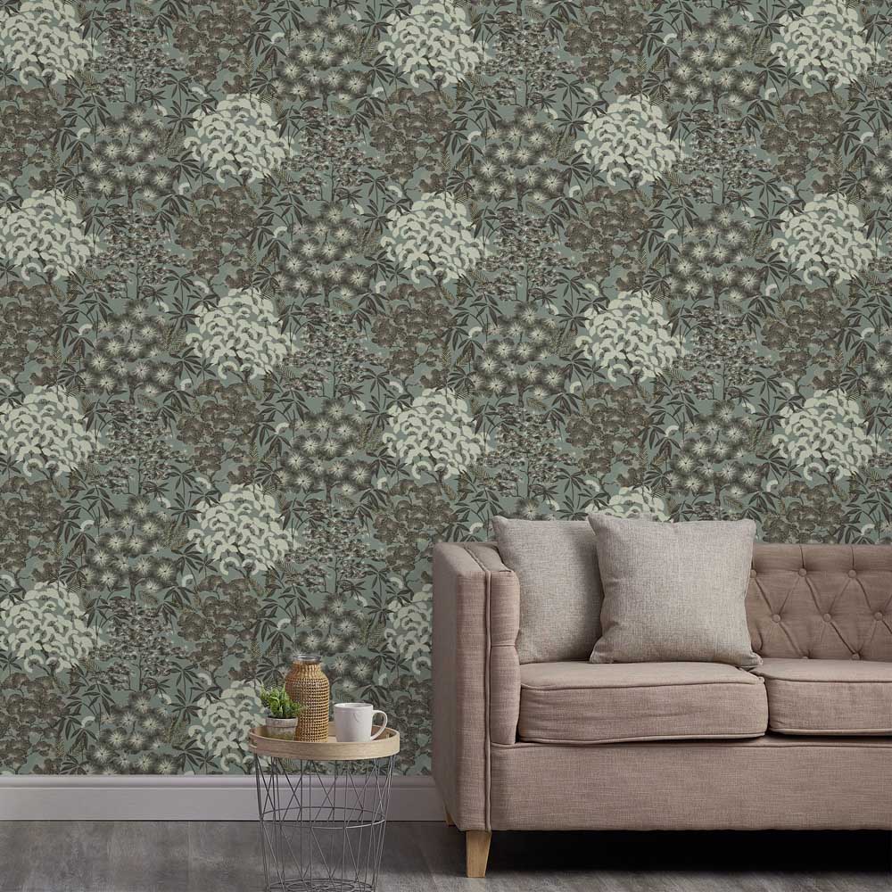 Grandeco Hisae Oriental Blossom Green Textured Wallpaper Image 3