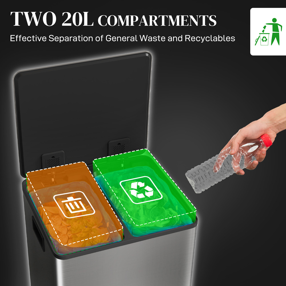 HOMCOM 40L Silver Tone Double Kitchen Pedal Bin with Soft-Close Lid Image 8