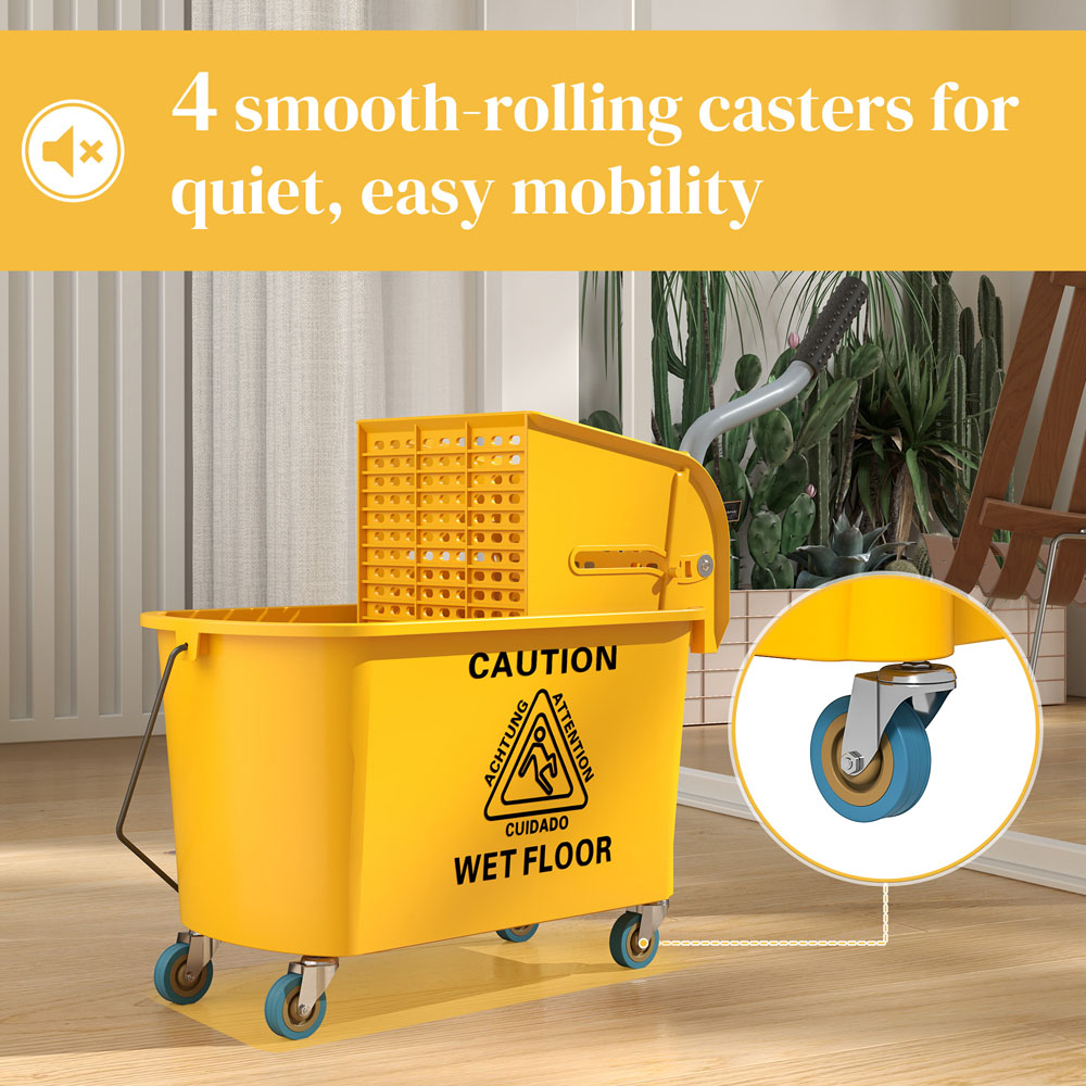 HOMCOM Yellow Mop Bucket with Wheels and Wringer 20L Image 6